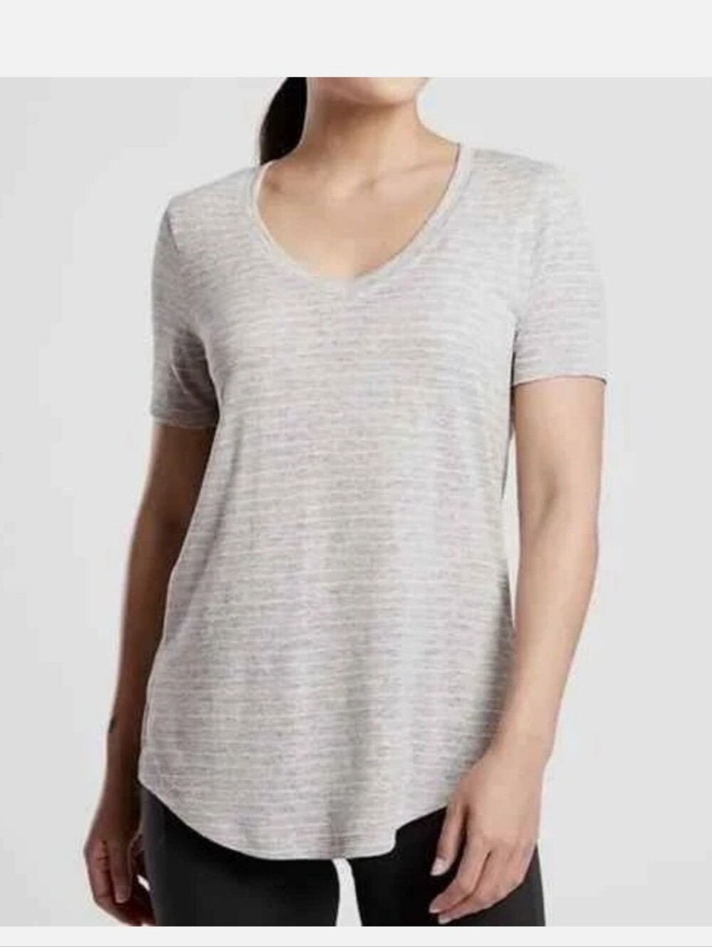 Athleta Gray Striped V-Neck Tee Size Medium●
